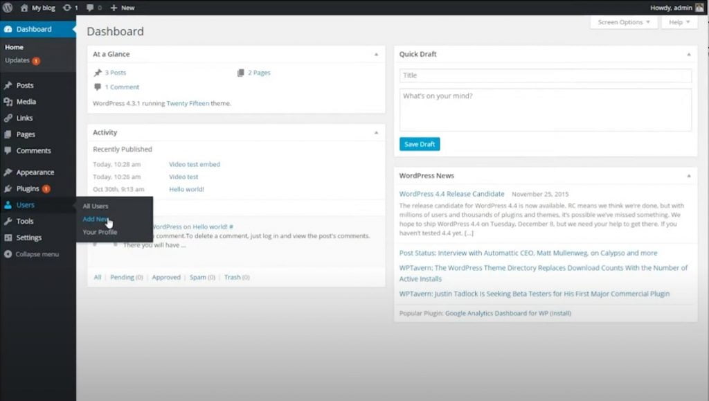Screenshot of going to Users, and selecting Add New.