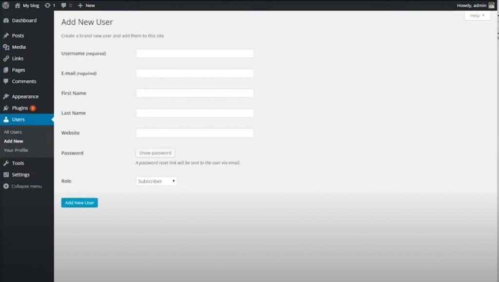 Screenshot of username, email, first name, and last name