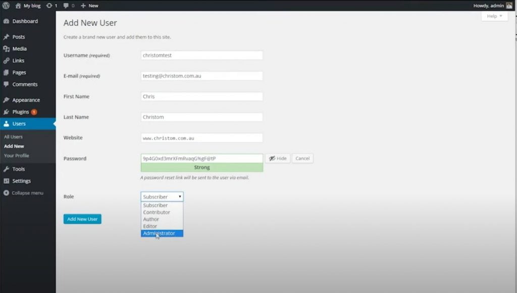 Screenshot of selecting the role of the new user