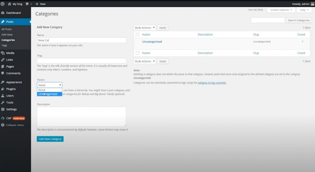 Screenshot of selecting a Parent page for the new category