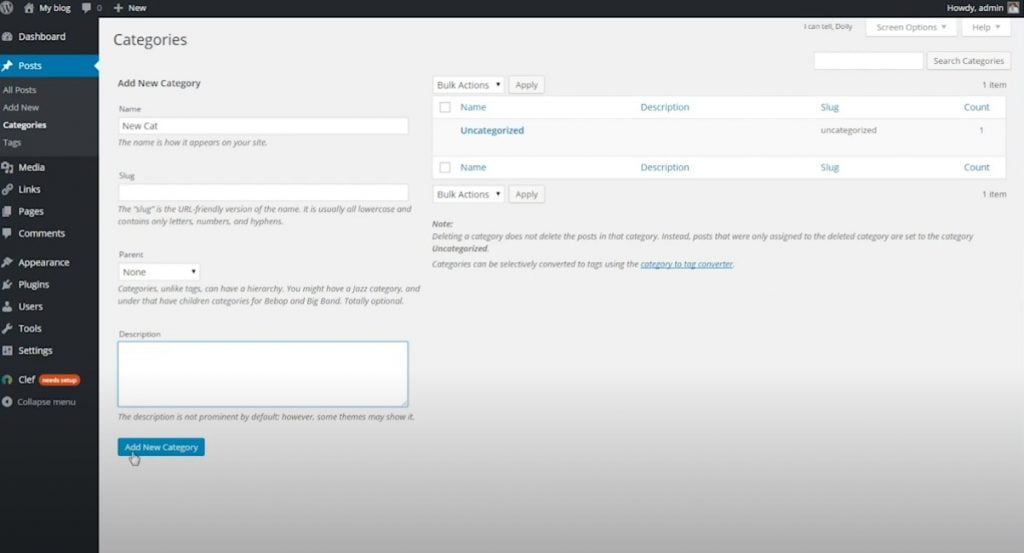 Screenshot of clicking Add New Category