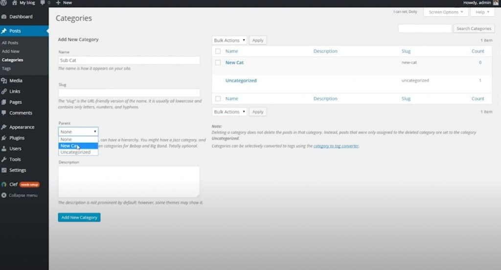 Screenshot of choosing the Parent, which is the newly created category.