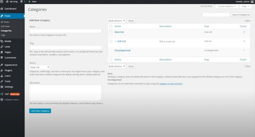 Screenshot showing the child category with a dash next to it