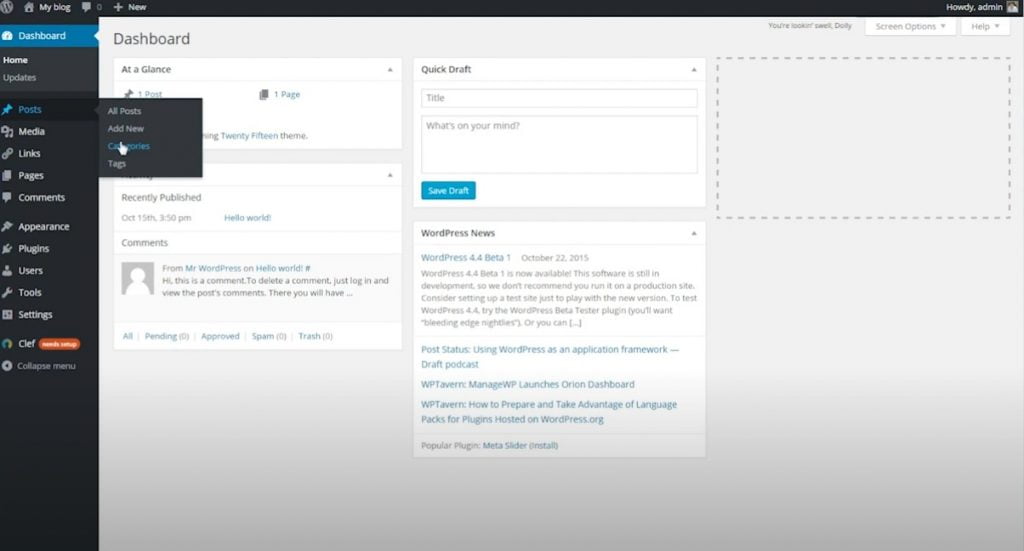 Screenshot of going to Posts, then selecting Categories